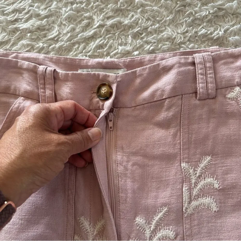 Zara Embroidered Linen Like Pants Pink White Palm Leaves Size Small EUC